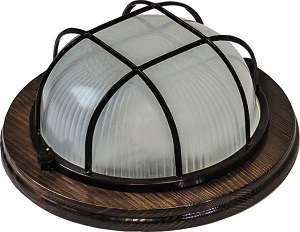 Светильник "Feron Кантри НБО 03-60-022" для бани и сауны, Е27, IP54, max t-130º, круг, Орех, с решёткой