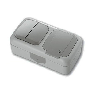 Блок выключатель, 2-кл выключатель, 1-ая розетка с заземлением, с крышкой, "Palmiye Vi-ko", серый, накладной, IP55