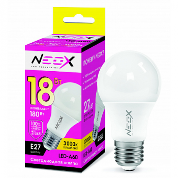 Лампа светодиодная "NEOX" A60, Е27, 18Вт, 220В, 3000К, 1620Лм, матовая