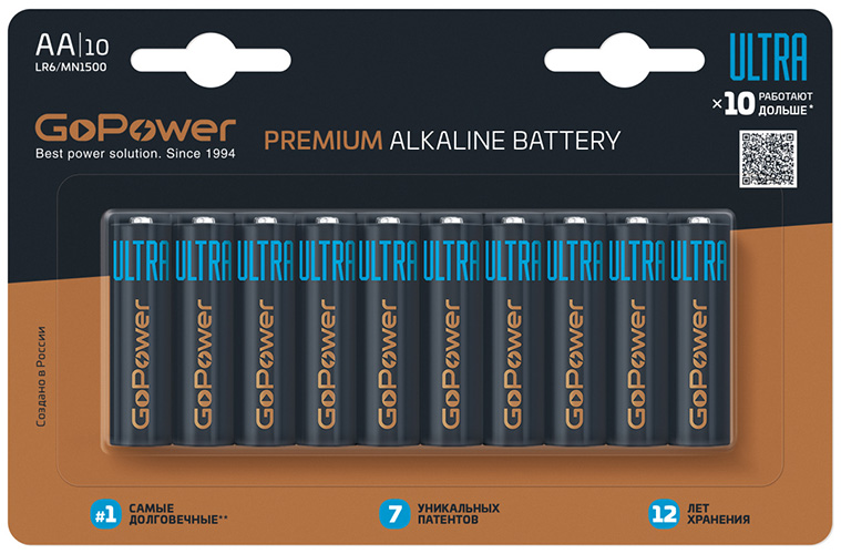 Батарейка щелочная LR06/AA 10шт 1/10/80упак "GoPower" ULTRA Premium