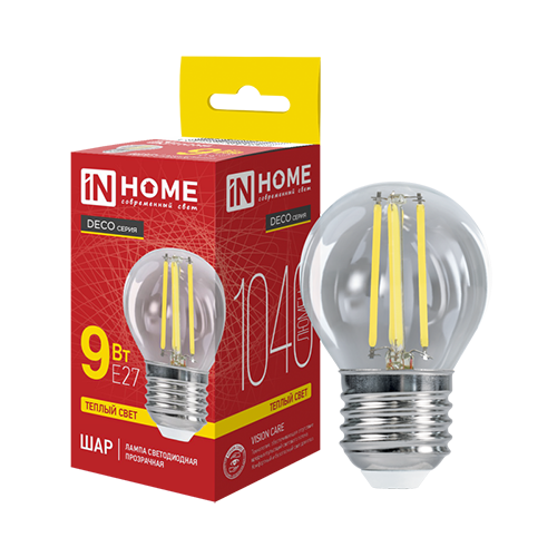 Лампа светодиодная 9Вт Е27 220В 3000К 1040Лм, прозрачный LED-шар deko "IN HOME"