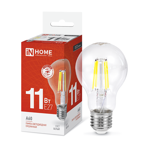 Лампа светодиодная A60 11Вт Е27 220В 4000К 1160Лм прозрачная LED-A60-deco "IN HOME"