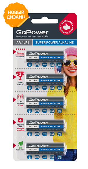 Батарейка щелочная LR06/AA 5шт 1/10/120упак "GoPower"