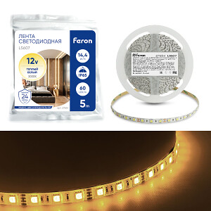 Светодиодная LED лента Feron LS607, 60SMD(5050)/m 14.4W/m 12V 5m 3000К Feron