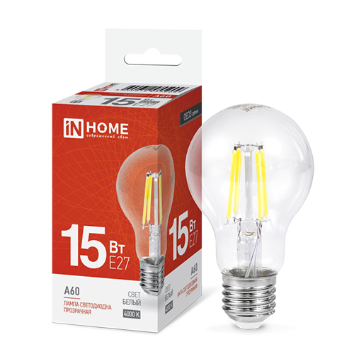 Лампа светодиодная A60 15Вт Е27 220В 4000К 1480Лм прозрачная LED-A60-deco "IN HOME"