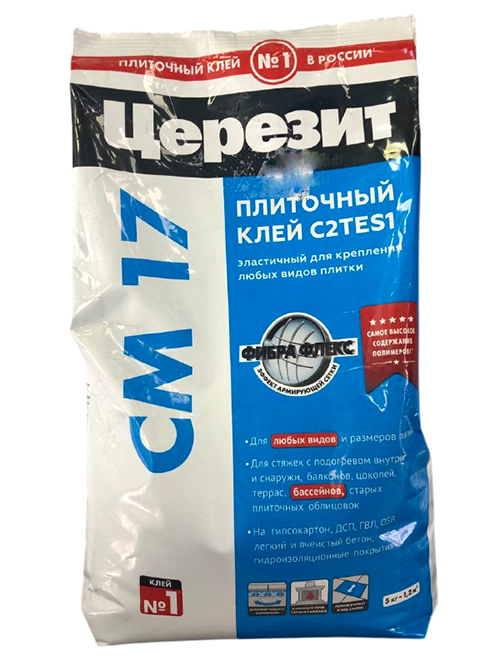 Клей для плитки/ керамогранита/ камня Церезит CМ 17 серый(класс С2 TE S1) 5кг