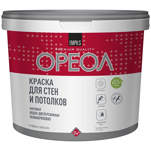 Краска водоэмульсионная для стен и потолков белоснежная "Ореол", 6,5кг