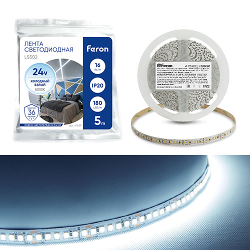 Лента светодиодная 180SMD(2835)/м 16Вт/м 24V 5000*10*1.22мм 6000К, LS502 FERON