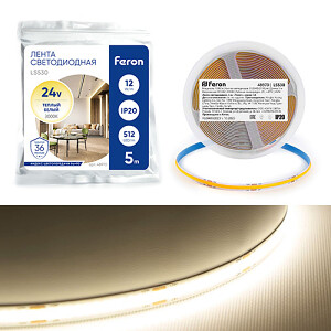 Лента светодиодная 512SMD(COB)(2110) 12Вт/м 24V 5000*10*1.8мм IP20 3000К, LS530 FERON