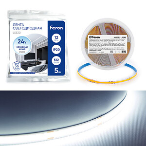 Лента светодиодная 512SMD(COB)(2110) 12Вт/м 24V 5000*10*1.8мм IP20 6500К, LS530 FERON