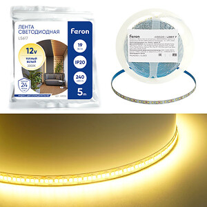 Лента светодиодная, 240SMD(2835)/м 19Вт/м 12V 5000*10*1.22мм 3000К, IP20, LS617 FERON