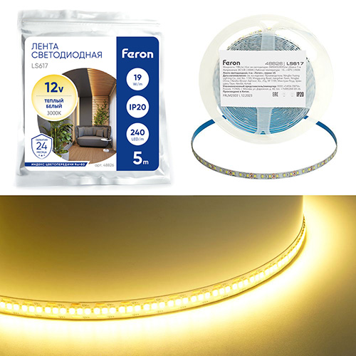 Лента светодиодная, 240SMD(2835)/м 19Вт/м 12V 5000*10*1.22мм 3000К, IP20, LS617 FERON