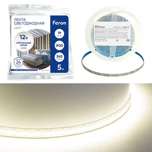 Лента светодиодная, 240SMD(2835)/м 19Вт/м 12V 5000*10*1.22мм 4000К, IP20, LS617 FERON