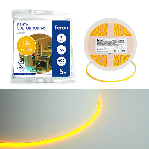 Лента светодиодная 400SMD(2110)/ 7Вт/м 12V 5000*3*1.8мм желтый, IP20, LS630 FERON