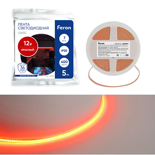 Лента светодиодная 400SMD(2110)/ 7Вт/м 12V 5000*3*1.8мм красный, IP20, LS630 FERON
