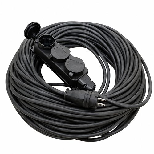 Шнур черный с руглой вилкой и 3 гнездами с заземляющим контактом, длина 40 метров, У1-33263 Народный "TDM"