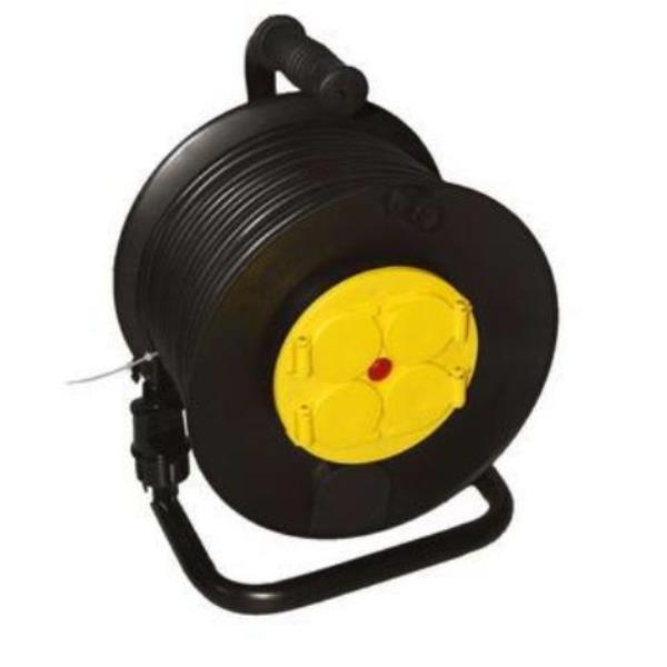 Удлинитель 4 гнезда, 50м с заземляющим контактом, кабельная катушка на алюминиевой стойке, автоматическое отключение, защитные штоки и крышки IP44 (КГХЛ 3*1,5) У16-010 "МРК"