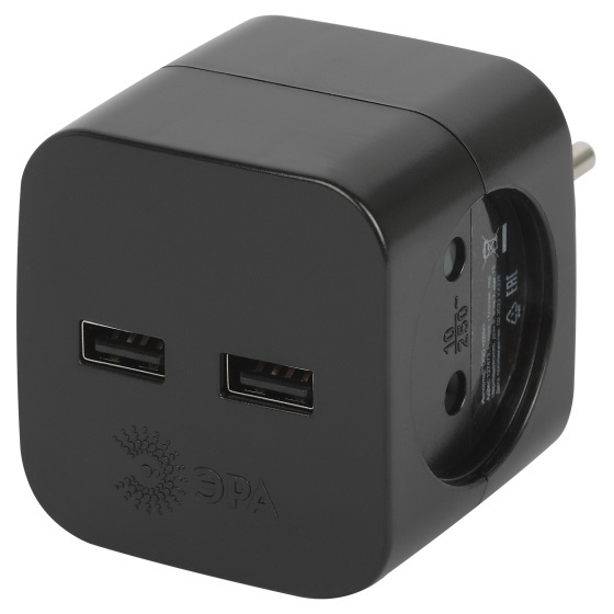Двойник 2 гнезда без с/з 220V+2USB 2400mA, черный &quot;Эра&quot;