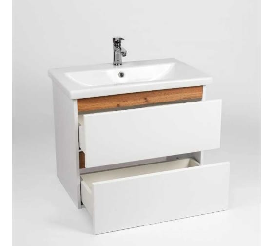 Тумба "Мальта 60", белая, с умывальником "Como 60", 2 ящика, подвесная