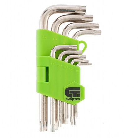 Набор ключей &quot;Сибртех&quot; имбусовых Tamper-Torx, 9шт, TTT10-T50,45х закаленные, короткие, никель