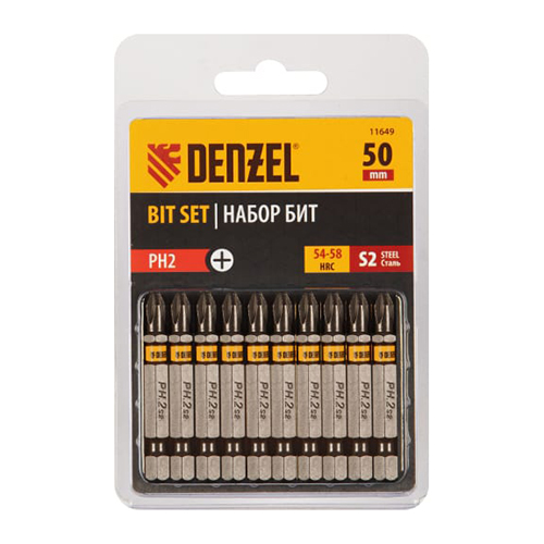 Набор бит PH2*50мм с магнитным адаптером , 10шт "Denzel"