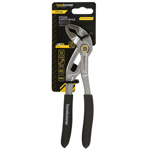 Клещи переставные &quot;Hanskonner&quot;, 175мм, зев 42мм, кнопочный шарнир, двухкомпонентные рукоятки