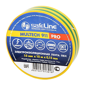 Изолента ПВХ "Safeline" 15мм*20м, желто-зелёная 1/200