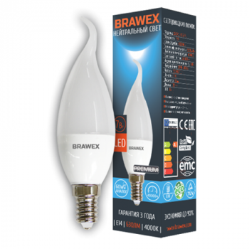 Лампа светодиодная  7Вт  BRAWEX свеча   Е14 4000К 630Лм
