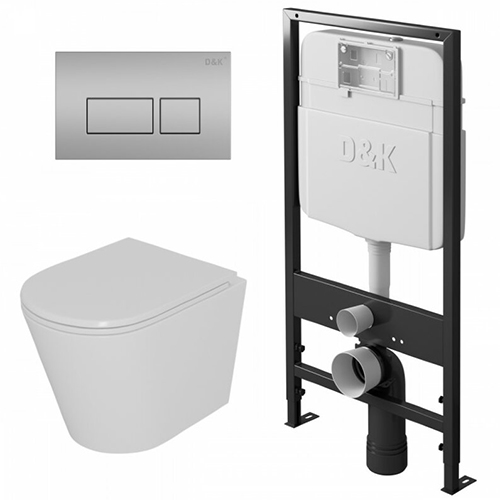 Унитаз "D&K Venice DT1026016" подвесной, безободковый, с инсталляцией "D&K DI8055119", с кнопкой "Berlin" DB1439002", хром матовый
