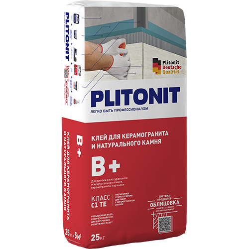 Клей для плитки/ керамогранита/ натурального и искусственного камня Плитонит B + серый (класс C2 TE) 25кг