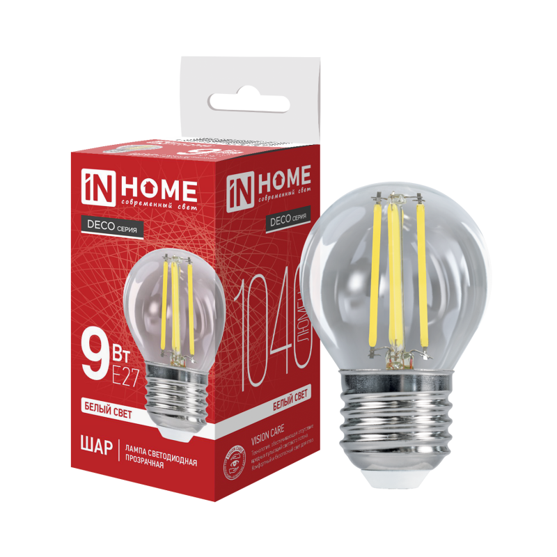 Лампа светодиодная  9Вт Е27 220В 4000К 1040Лм, прозрачный LED-шар deko "IN HOME"