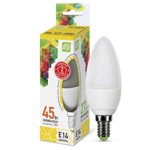 Лампа светодиодная 220В  5Вт Е14 C37 3000К 400Лм свеча матовая "ASD"