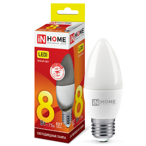 Лампа светодиодная  8Вт Е27 220В 3000К 600Лм свеча LED-СВЕЧА-VC "IN HOME"