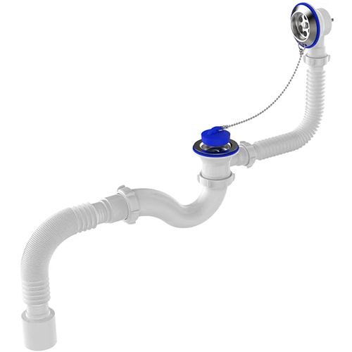 Сифон для ванны регулируемый со стальным выпуском и переливом 1.1/2"*40, гофра 40*40/50, "Aquattro", AQV155-30