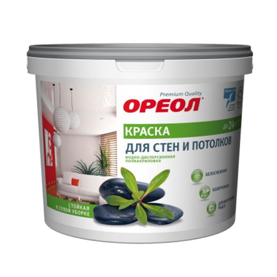 Краска водоэмульсионная для стен и потолков белоснежная &quot;Ореол&quot;, 1,5кг