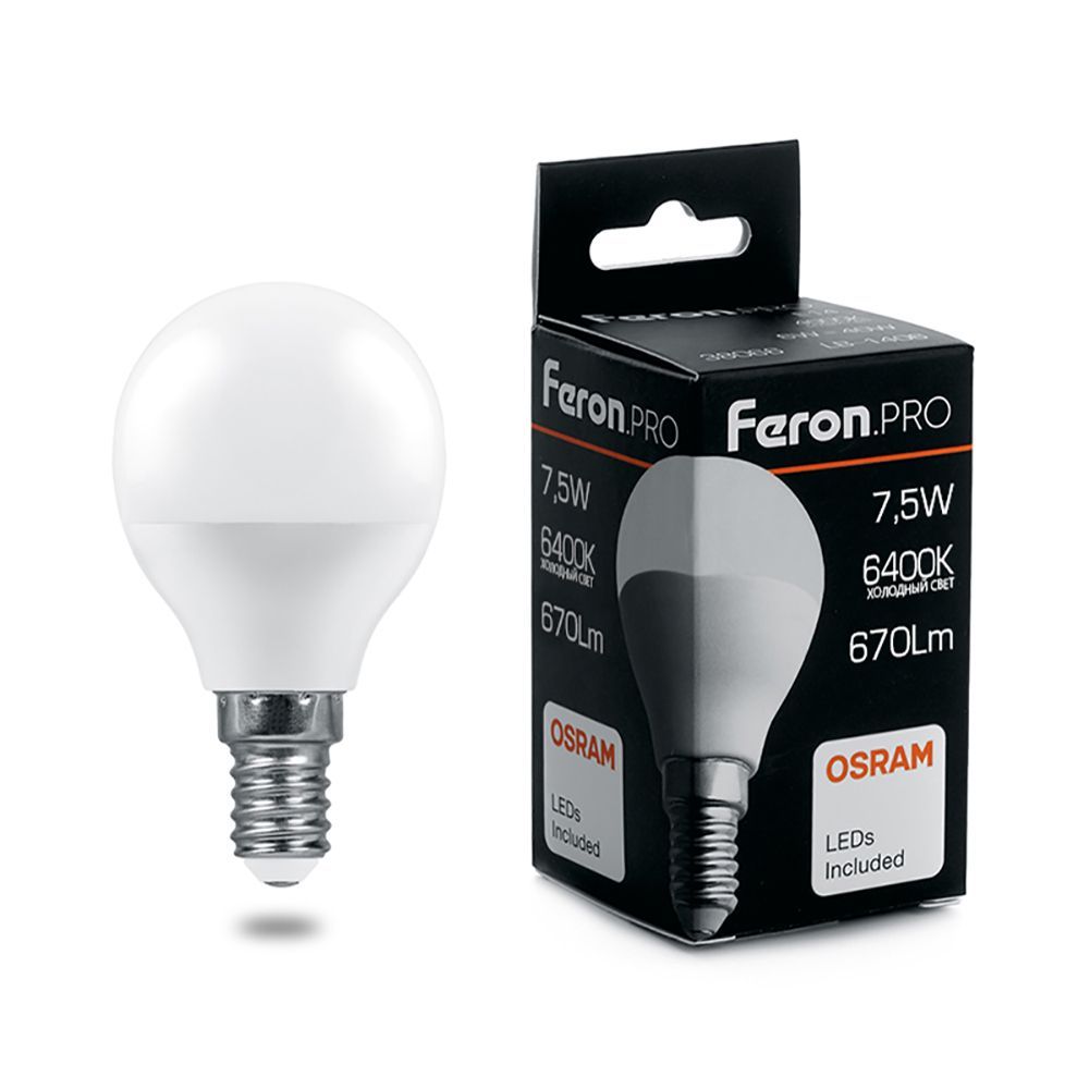 Лампа светодиодная  7.5Вт Е14 220В 6400К шар LB-1407 &quot;FERON PRO&quot;