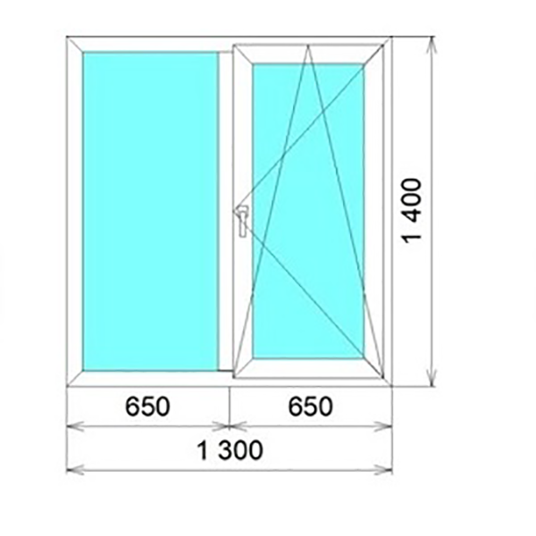 Пластиковое окно Wintech ACCADO 1400*1300*70мм 2 створки, левая глухая, правая поворотно-откидная 2х камерный стеклопакет, 3х камерный профиль