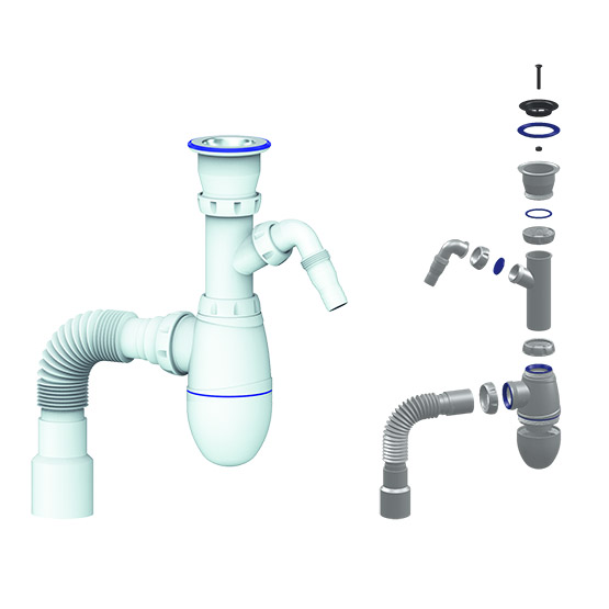 Сифон для мойки бутылочный со стальным выпуском, с отводом под стиральную машину 1.1/2"*40, гофра 40*50, B320V "Unicorn"