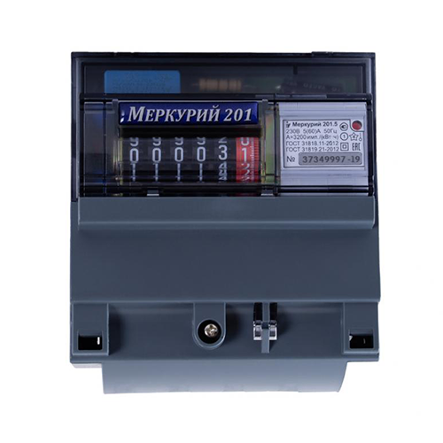 Счётчик электрической энергии "Меркурий" 201.5. МОУ, 220В, 5-60А, 1-фазный, для учета активной энергии, под дин-рейку