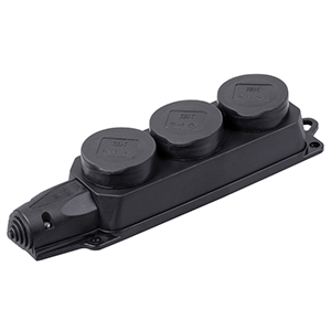 Розетка трёхместная с защитными крышками, каучуковая 2P+PE 16А/250В IP44, чёрная, Омега "ИЭК"