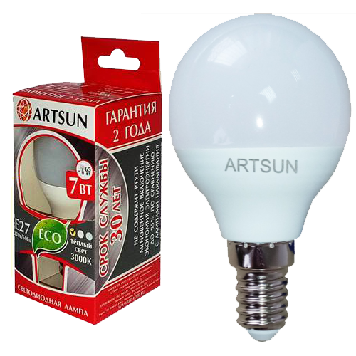 Лампа светодиодная  7Вт Е14 220В 4000К 600Лм шар LED P45 CR &quot;ARTSUN&quot;