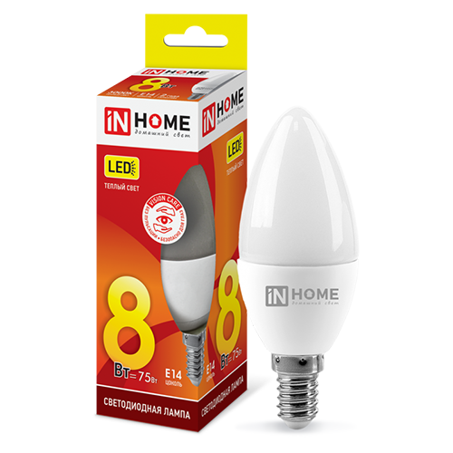 Лампа светодиодная 220В  8Вт Е14 3000К 720Лм свеча "IN HOME"
