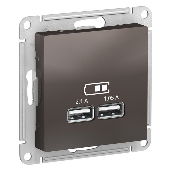 Розетка USB, 5В, 1 порт x 2,1А, 2 порта х 1,05А, механизм, ATLASDESIGN мокко