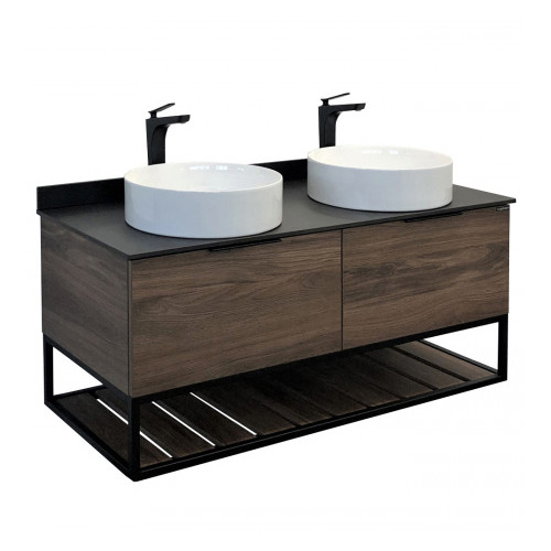 Тумба &quot;Порто 120&quot;, дуб темно-коричневый с черной столешницей, подвесная с двумя умывальниками &quot;Comforty 9110&quot;