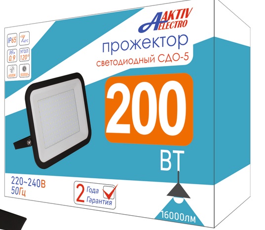 Прожектор светодиодный 200Вт 6500К 16000Лм 220В черный &quot;СДО-5&quot; &quot;Aktiv Electro&quot;