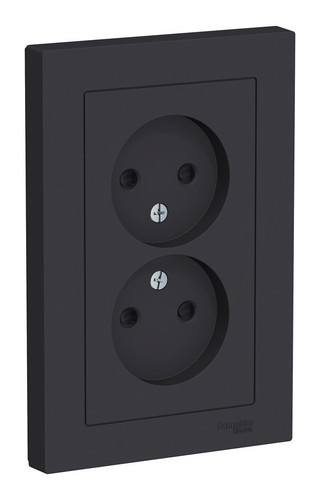 Розетка 2-ая 16А, б/з с/п, со шторками, с рамкой, ATLASDESIGN карбон