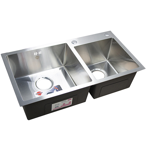 Мойка "Okatana" нержавеющая врезная 780*430*210*0,8мм, двойная, с выпуском 3 1/2, с сифоном, сатин