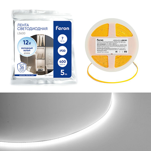 Лента светодиодная 400SMD(2110)/ 7Вт/м 12V 5000*3*1.8мм 6500K, IP20, LS630 FERON