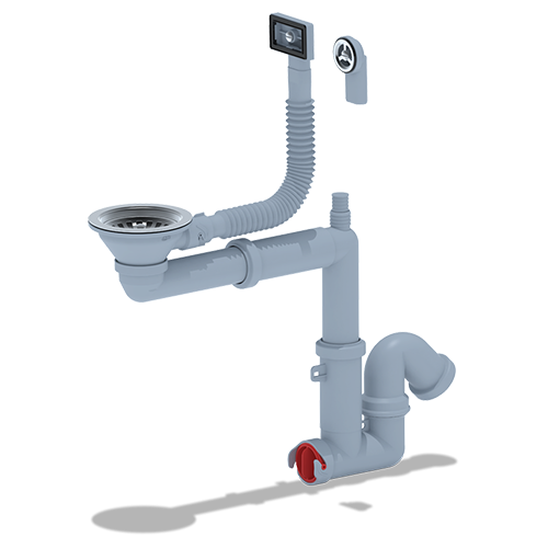 Сифон для мойки со стальным выпуском, прямоугольным и круглым переливом, с отводом под стиральную машину, смещенный, 3.1/2"*40, "Ани Пласт", F5345S