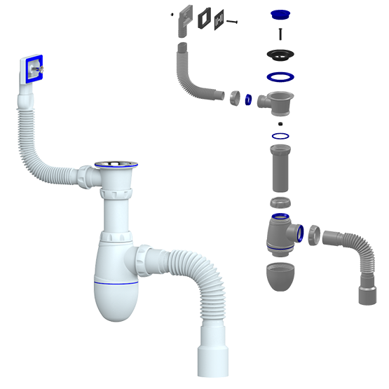 Сифон для мойки бутылочный со стальным выпуском, прямоугольным переливом  1.1/2&quot;*40, гофра 40*50, B422 &quot;Unicorn&quot;
